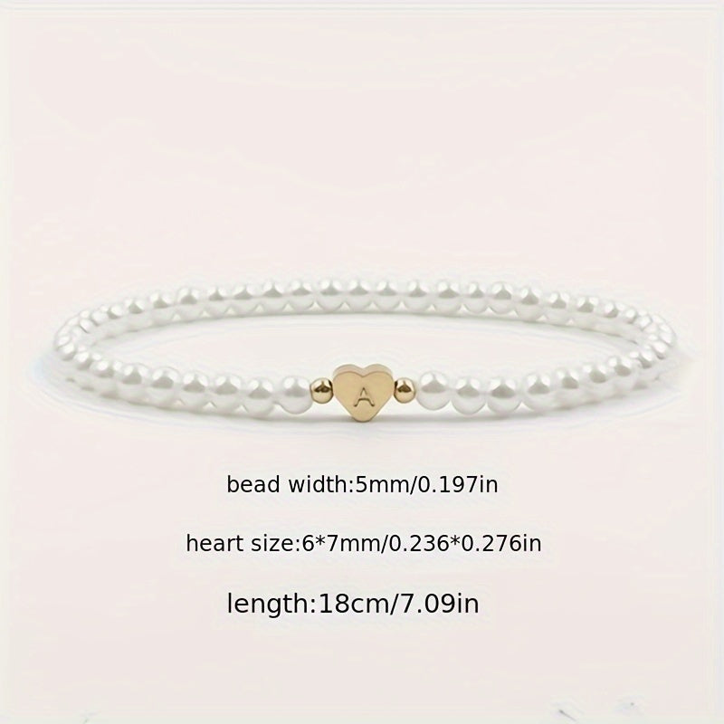 Personalized Pearl Bead Bracelet with Heart Initial Charm