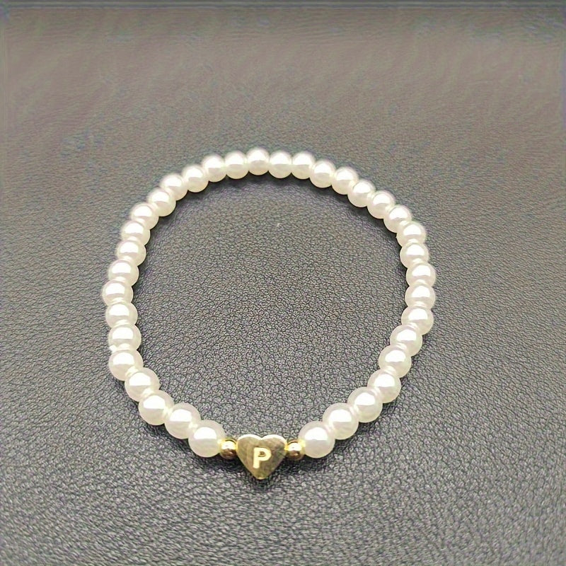 Personalized Pearl Bead Bracelet with Heart Initial Charm