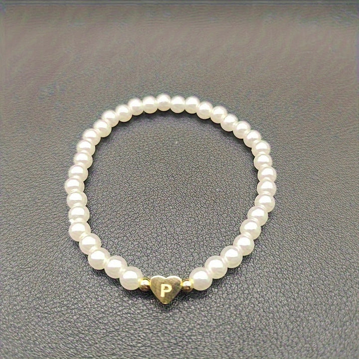Personalized Pearl Bead Bracelet with Heart Initial Charm