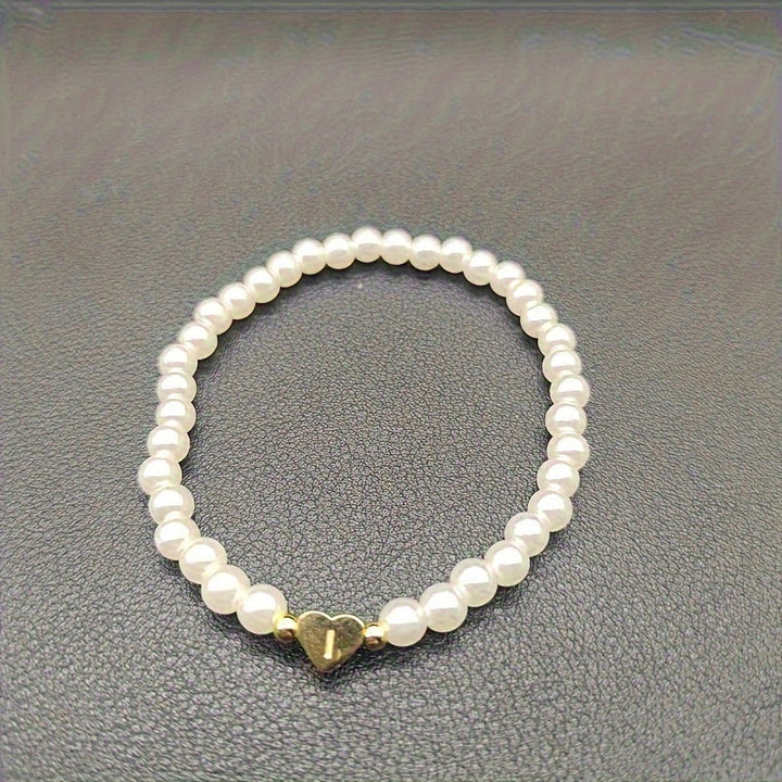 Personalized Pearl Bead Bracelet with Heart Initial Charm