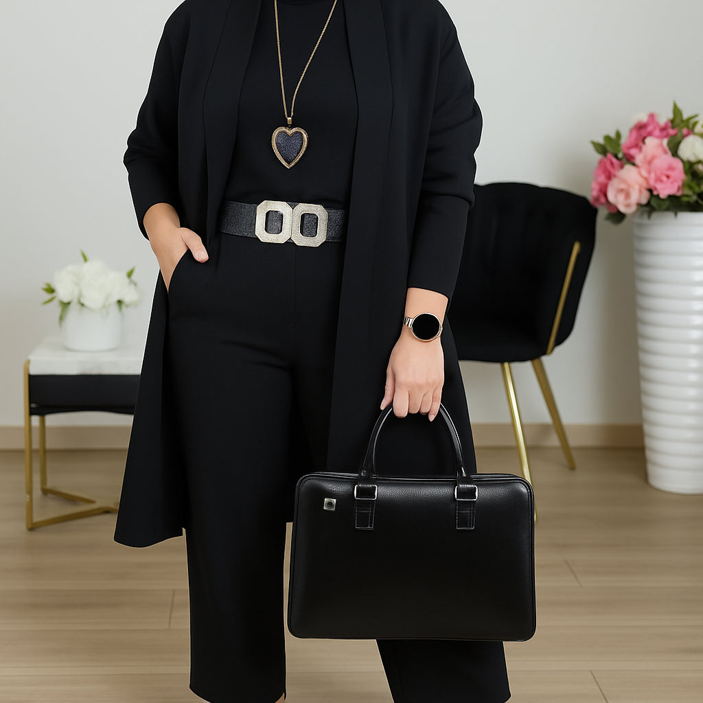 Elegant 3-piece set including a long cardigan