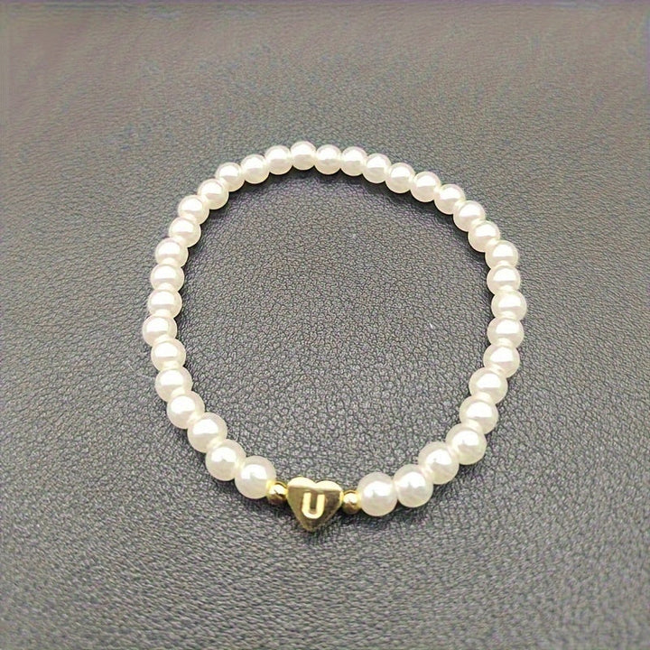 Personalized Pearl Bead Bracelet with Heart Initial Charm