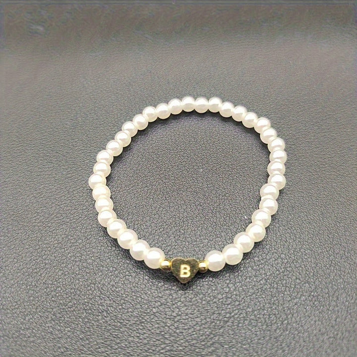 Personalized Pearl Bead Bracelet with Heart Initial Charm
