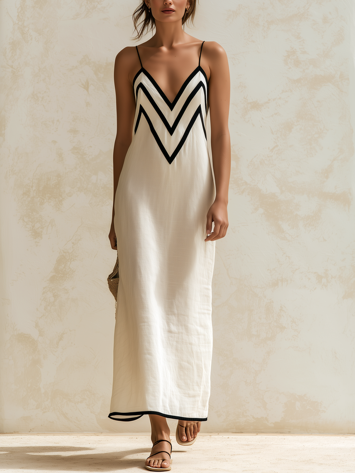 Women's Elegant Long Chevron Contrast Dress