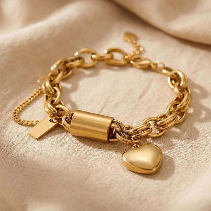 Gold chain bracelet with hearts