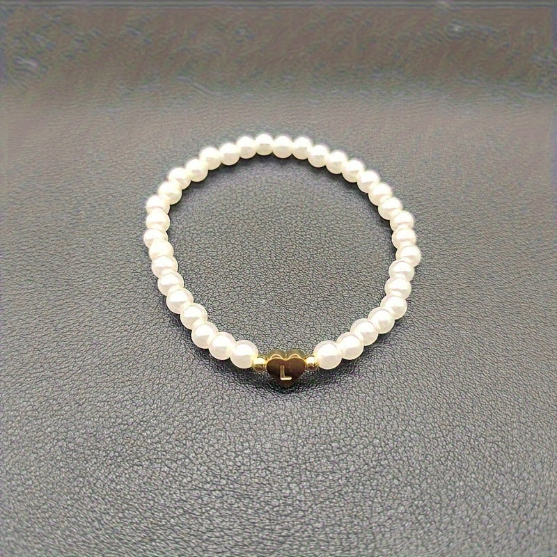 Personalized Pearl Bead Bracelet with Heart Initial Charm