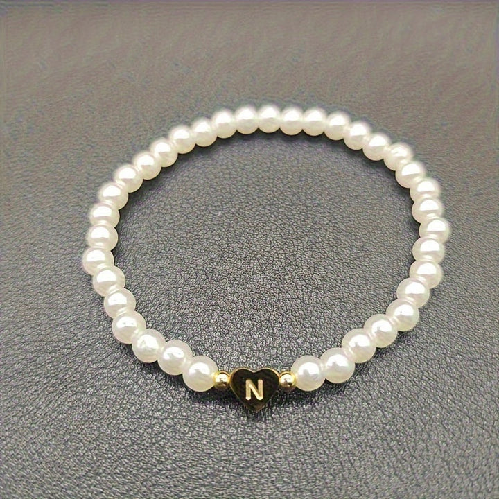 Personalized Pearl Bead Bracelet with Heart Initial Charm