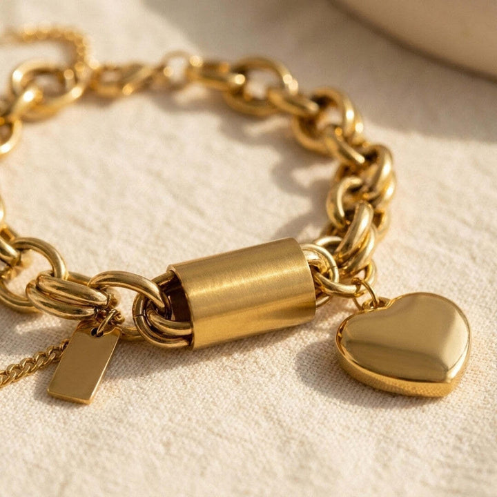 Gold chain bracelet with hearts