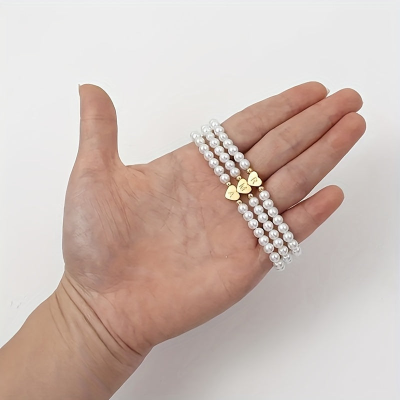 Personalized Pearl Bead Bracelet with Heart Initial Charm