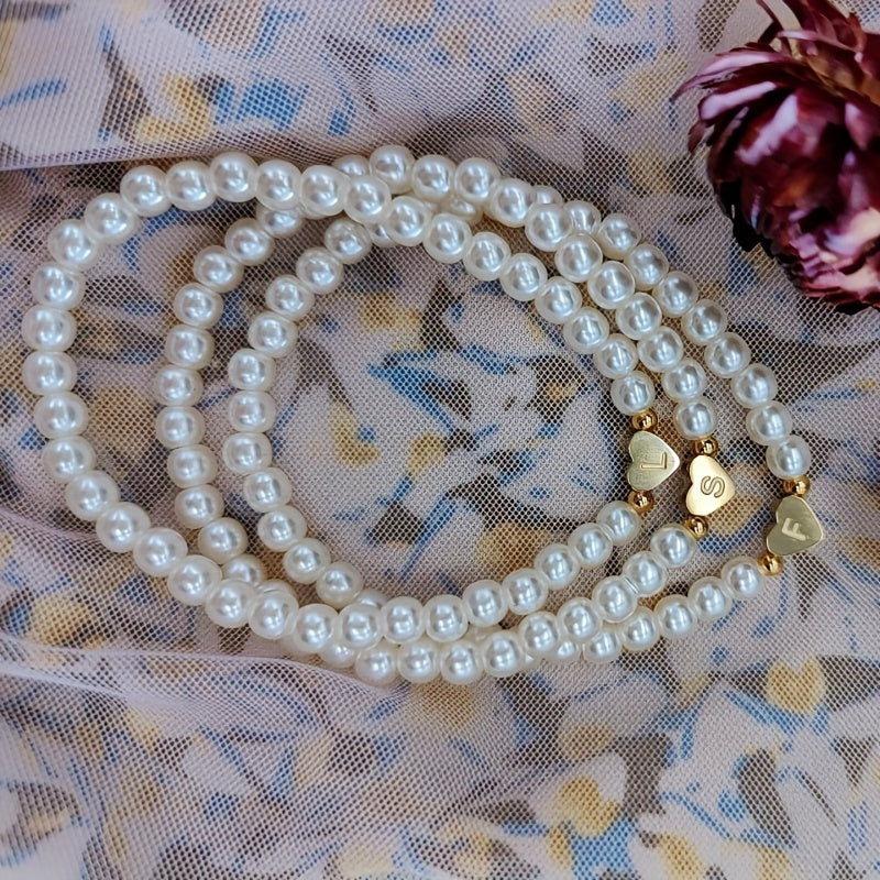 Personalized Pearl Bead Bracelet with Heart Initial Charm