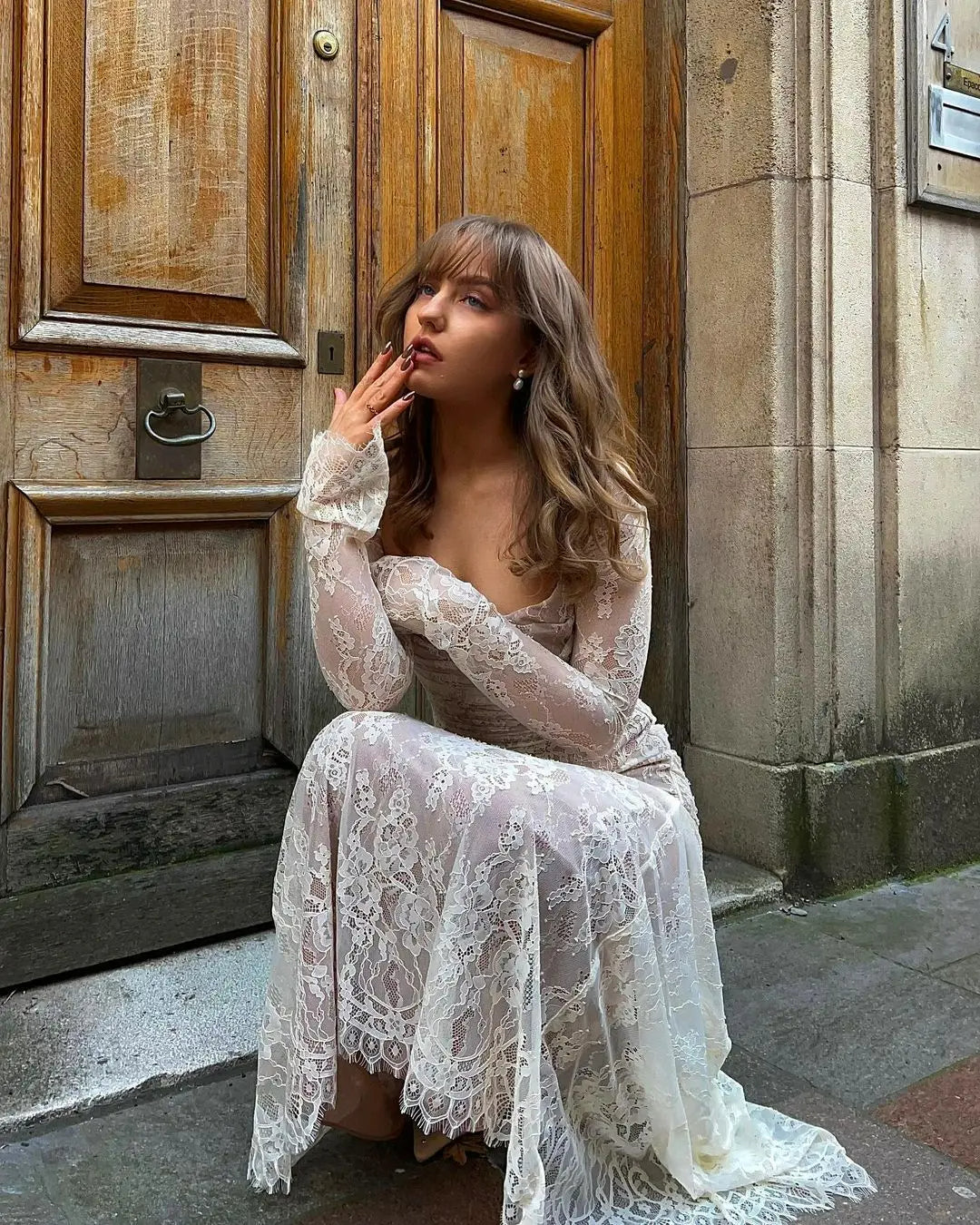 Women's Elegant Long Lace Wedding Guest Maxi Dress
