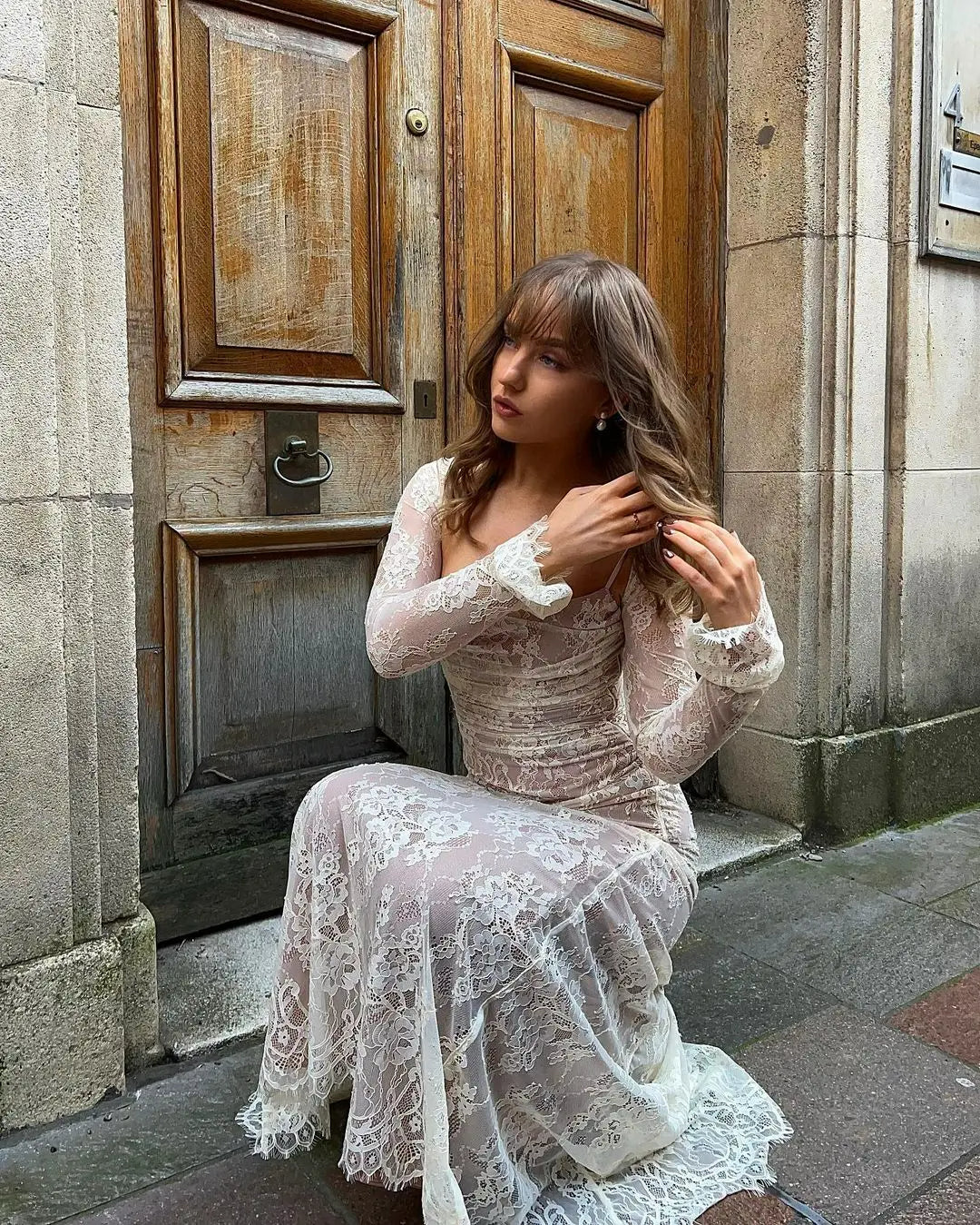 Women's Elegant Long Lace Wedding Guest Maxi Dress