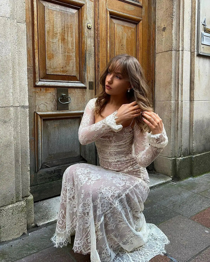 Women's Elegant Long Lace Wedding Guest Maxi Dress