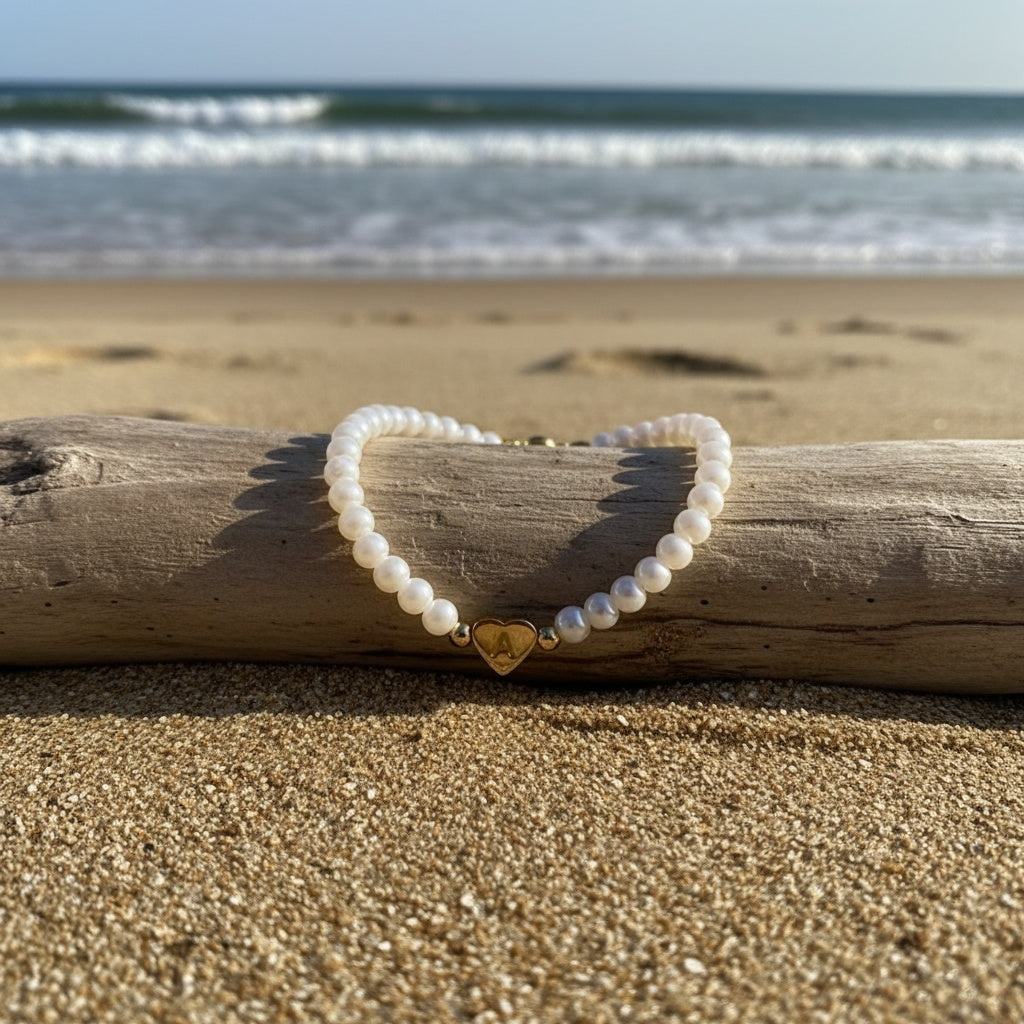 Personalized Pearl Bead Bracelet with Heart Initial Charm