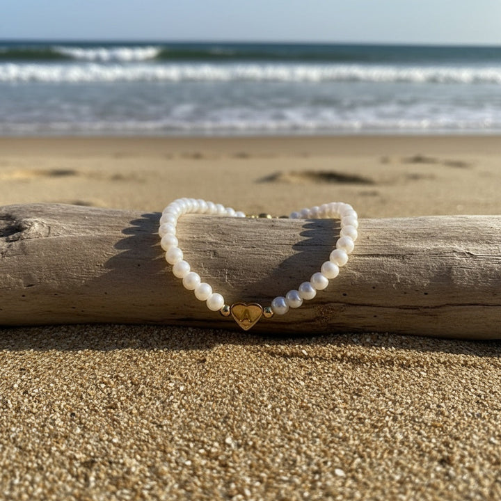Personalized Pearl Bead Bracelet with Heart Initial Charm