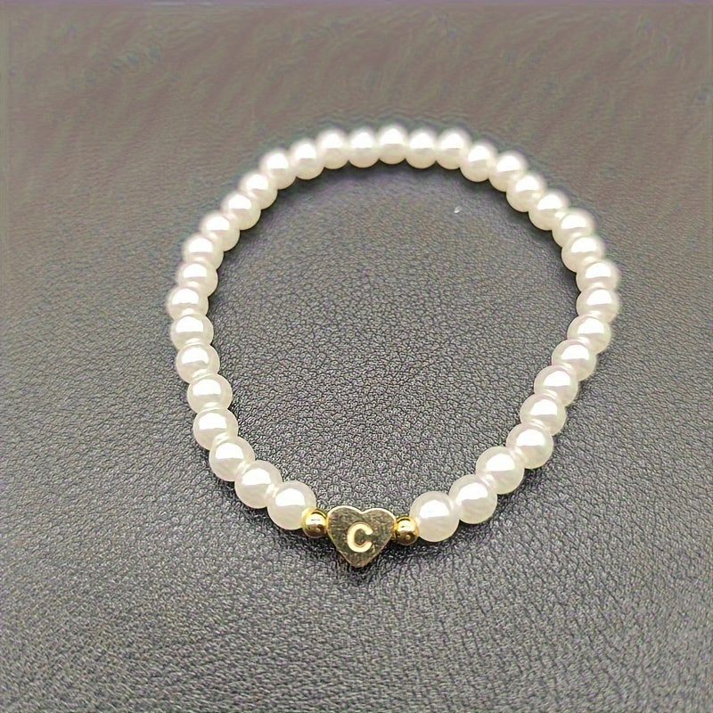 Personalized Pearl Bead Bracelet with Heart Initial Charm