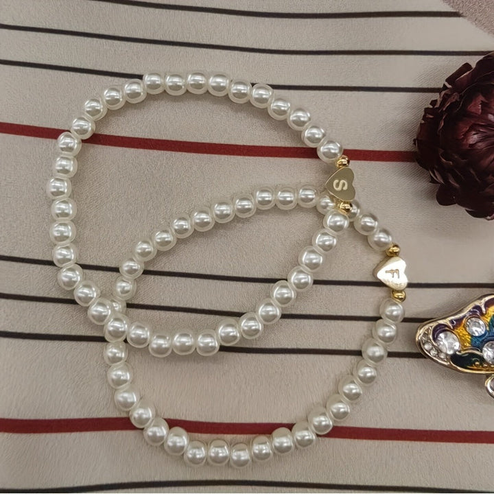 Personalized Pearl Bead Bracelet with Heart Initial Charm