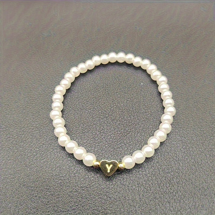 Personalized Pearl Bead Bracelet with Heart Initial Charm