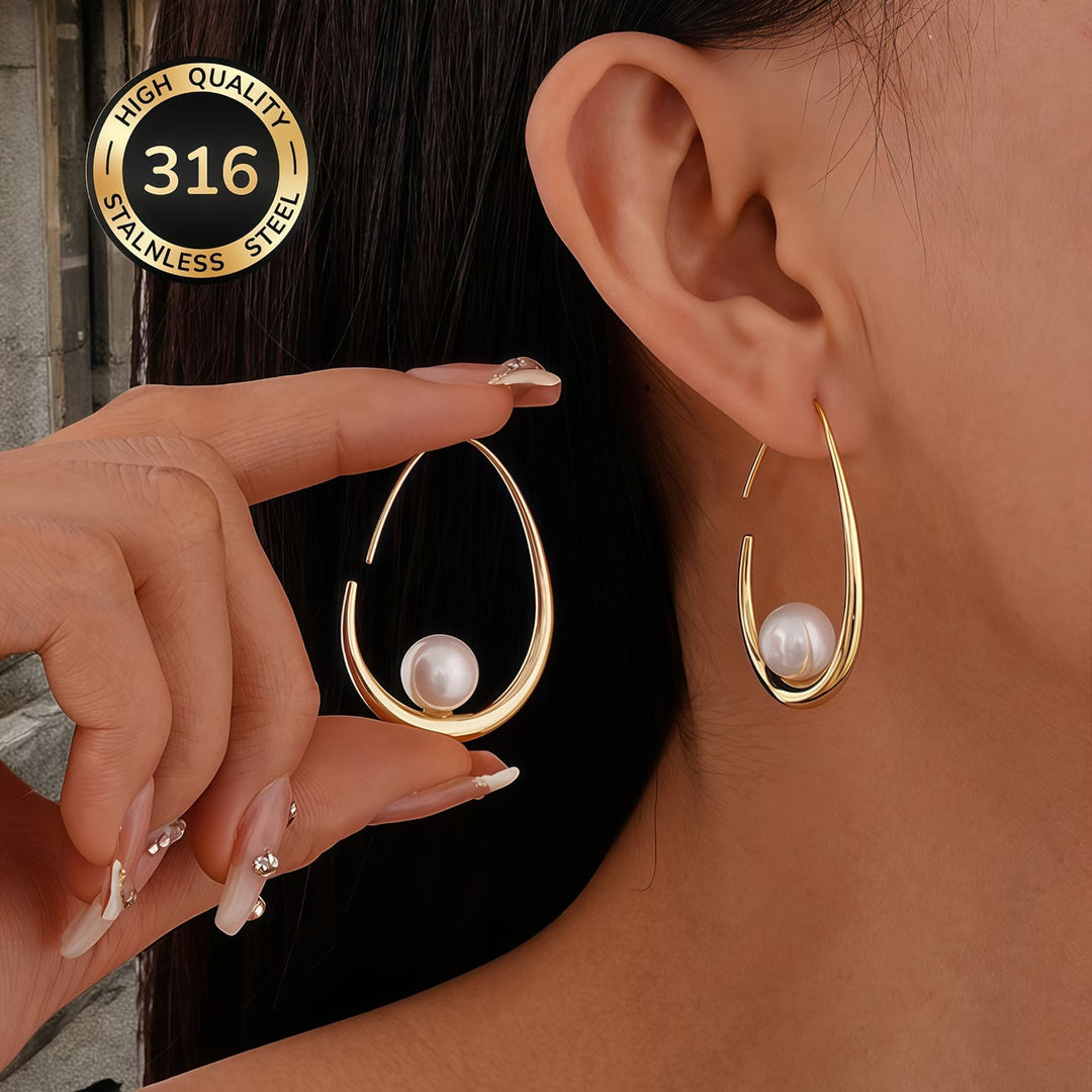 Women's Elegant Half-Moon Hoop Pearl Earrings