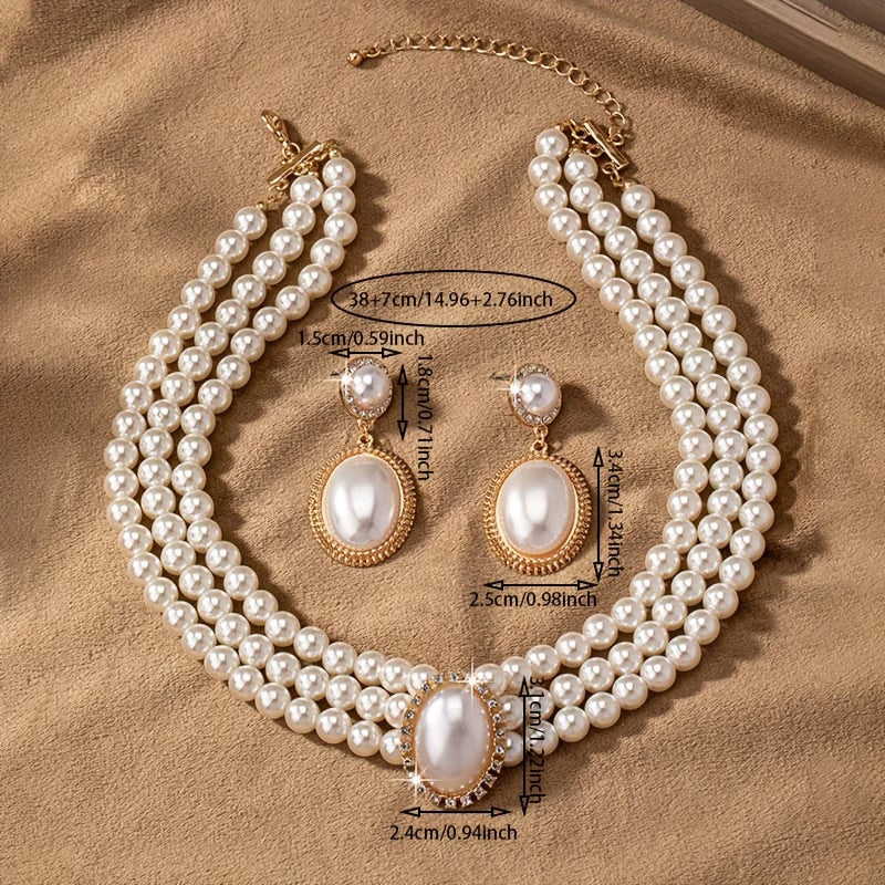 Women's Classic String of Pearls Necklace Earring Bracelet Jewelry Set
