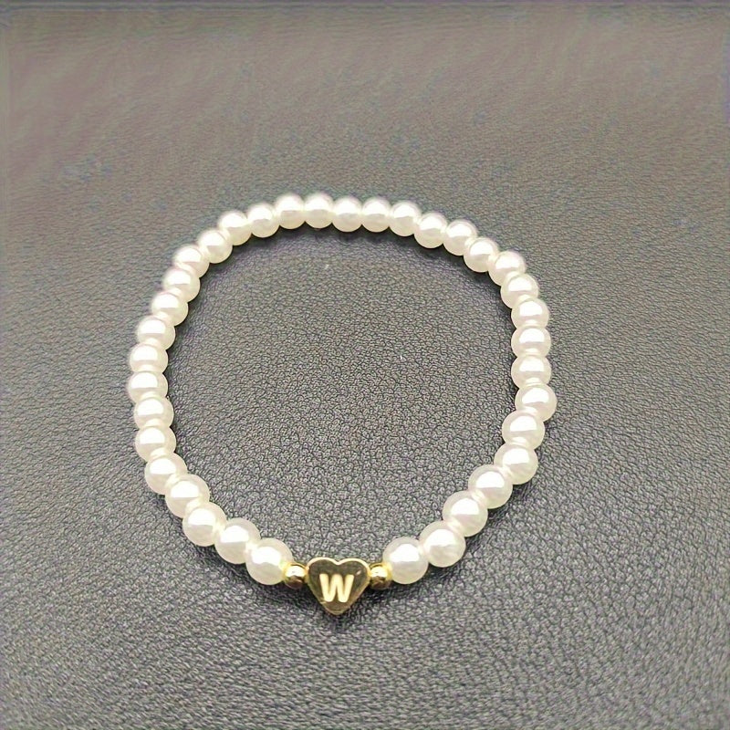 Personalized Pearl Bead Bracelet with Heart Initial Charm