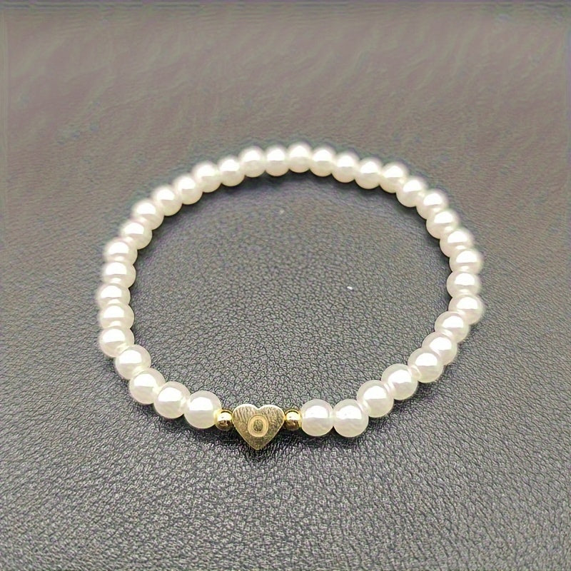Personalized Pearl Bead Bracelet with Heart Initial Charm