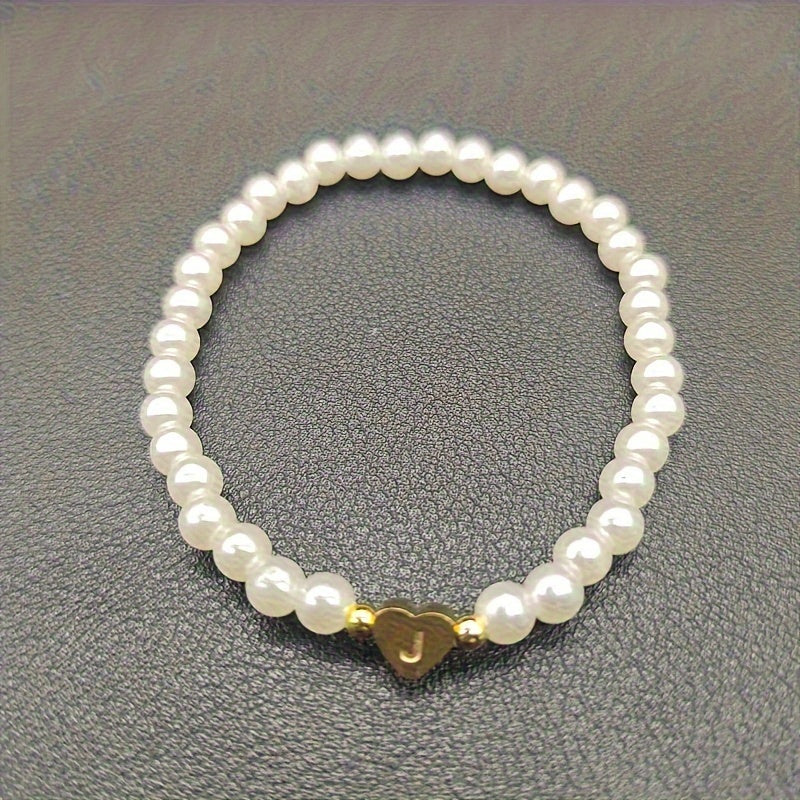 Personalized Pearl Bead Bracelet with Heart Initial Charm