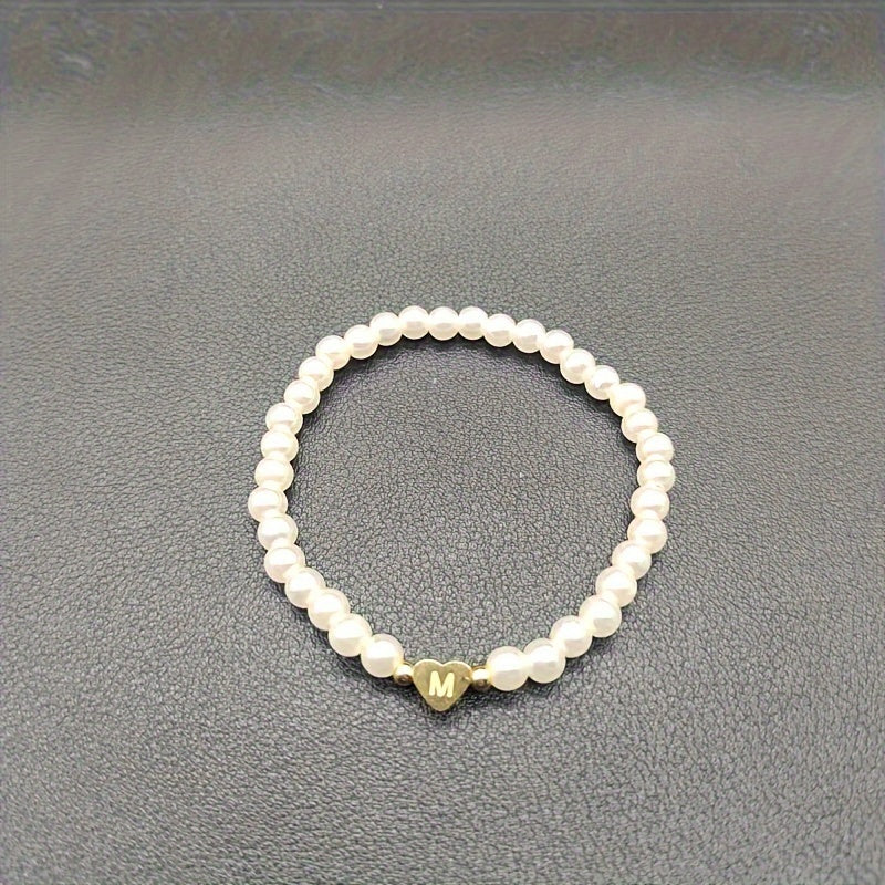 Personalized Pearl Bead Bracelet with Heart Initial Charm