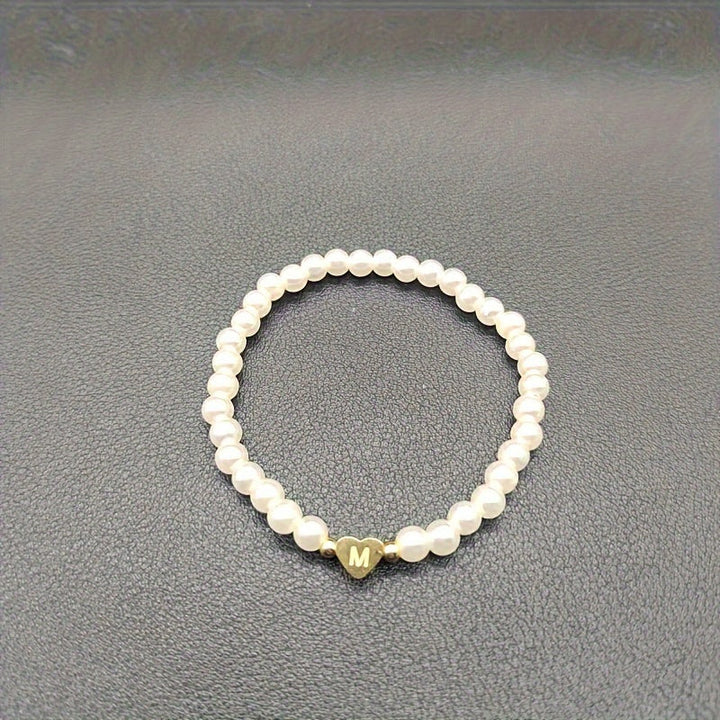Personalized Pearl Bead Bracelet with Heart Initial Charm