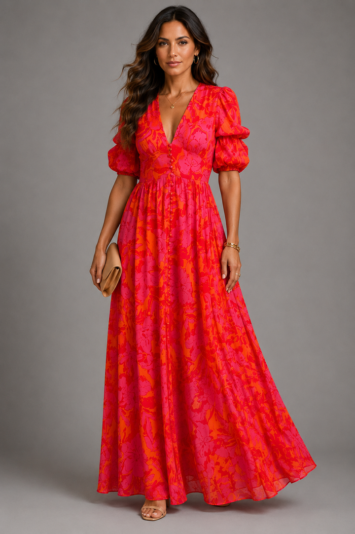 Women's Flowy Pink Orange Flowing Dress