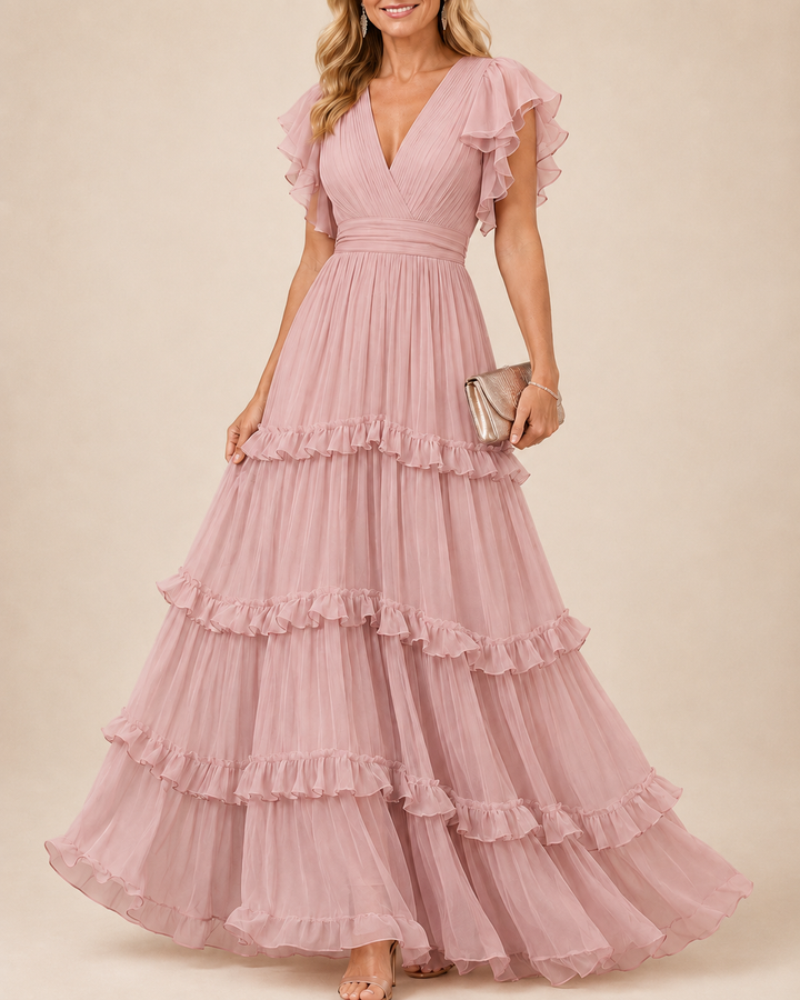 Women's Flowy Powder Pink V-Neck Tiered Ruffles Butterfly Sleeves Maxi Dress