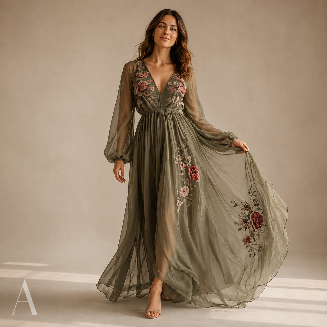 Women's Wedding Guest Floral Embroidered Deep V-Neck Maxi Dress