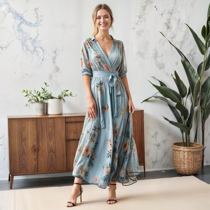 Women's Floral V-Neck with Ribbon Midi Dress