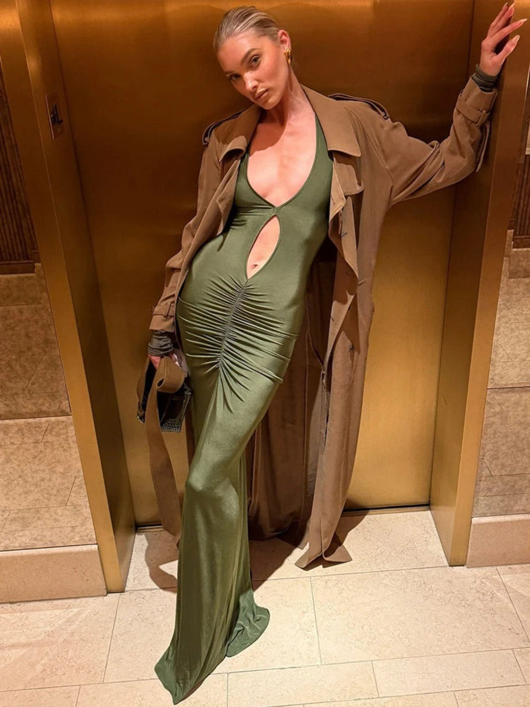 Women's Elegant Green Long Sleeve Evening Gown