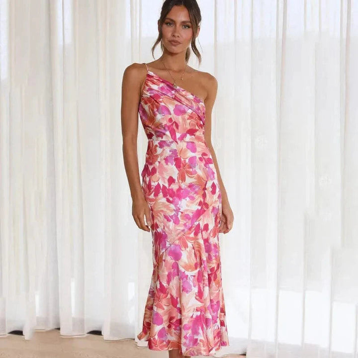 Women's Elegant One-Shoulder Floral Cocktail Party Dress