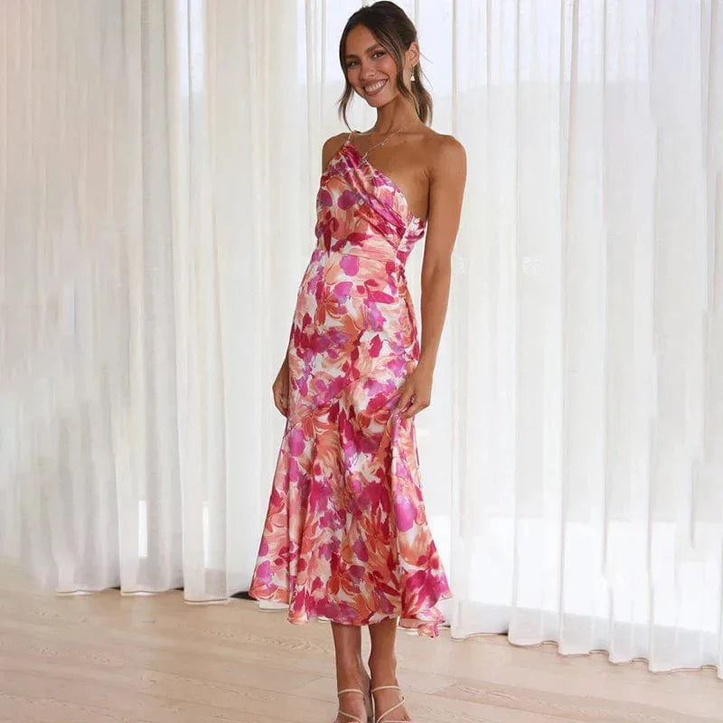 Women's Elegant One-Shoulder Floral Cocktail Party Dress