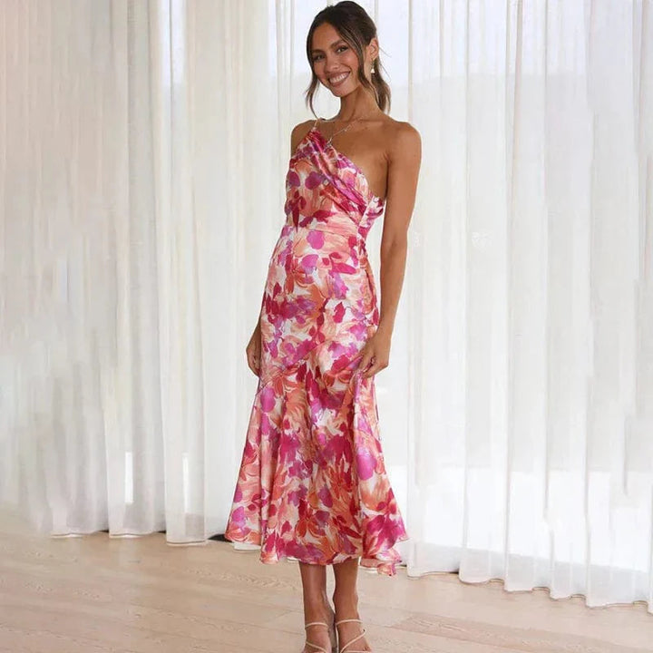 Women's Elegant One-Shoulder Floral Cocktail Party Dress