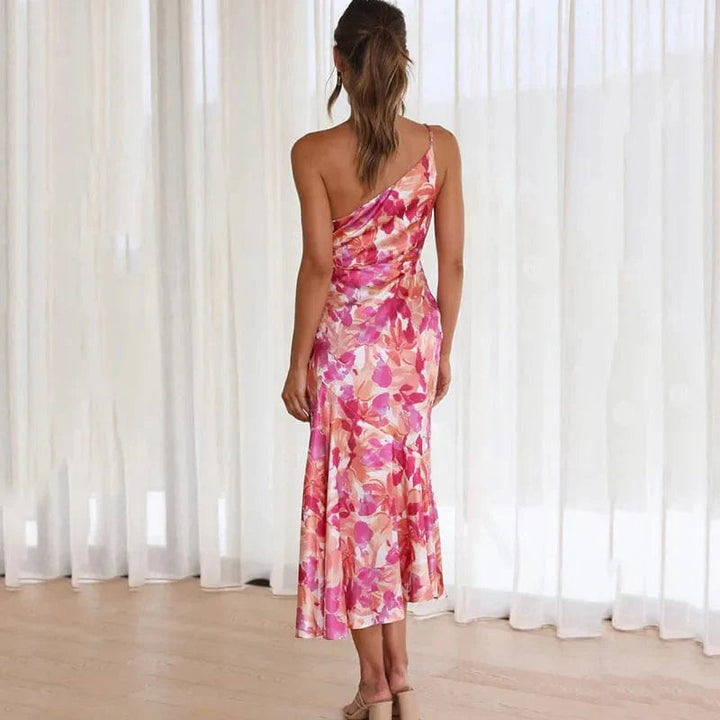Women's Elegant One-Shoulder Floral Cocktail Party Dress
