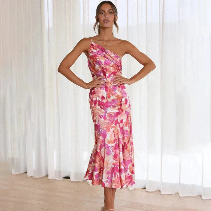 Women's Elegant One-Shoulder Floral Cocktail Party Dress