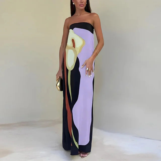 Women's Strapless Printed Summer Party Maxi Dress