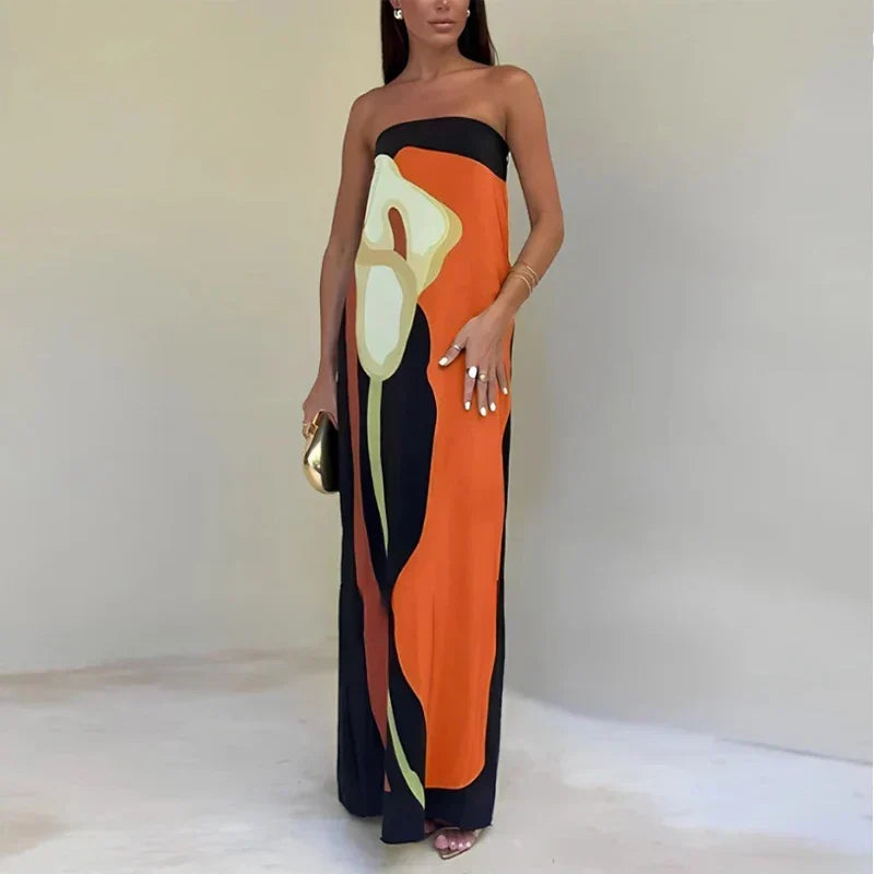 Women's Strapless Printed Summer Party Maxi Dress