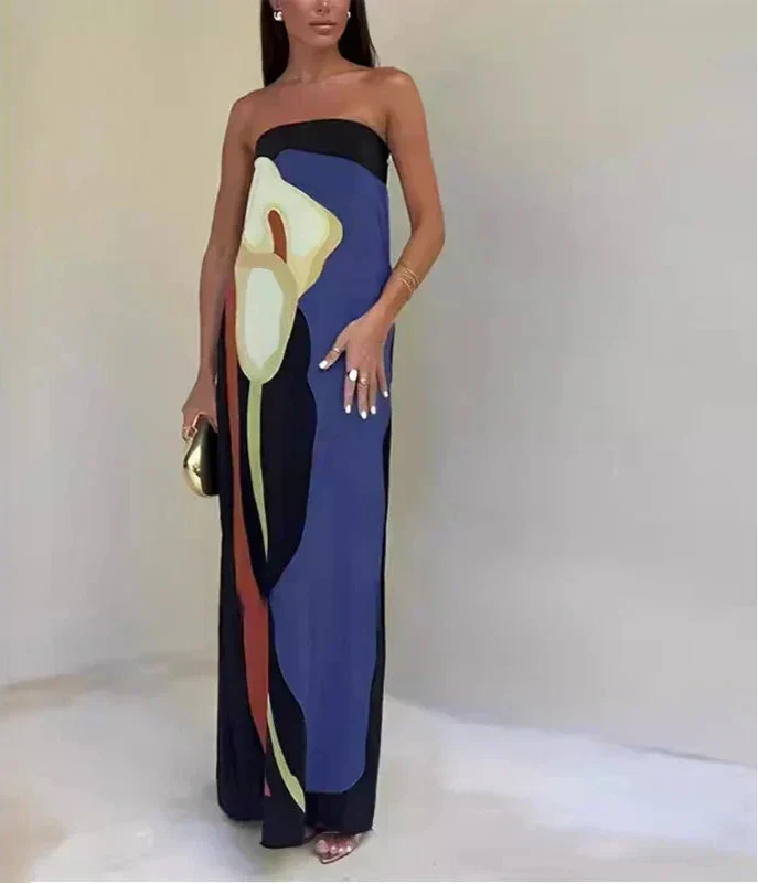 Women's Strapless Printed Summer Party Maxi Dress