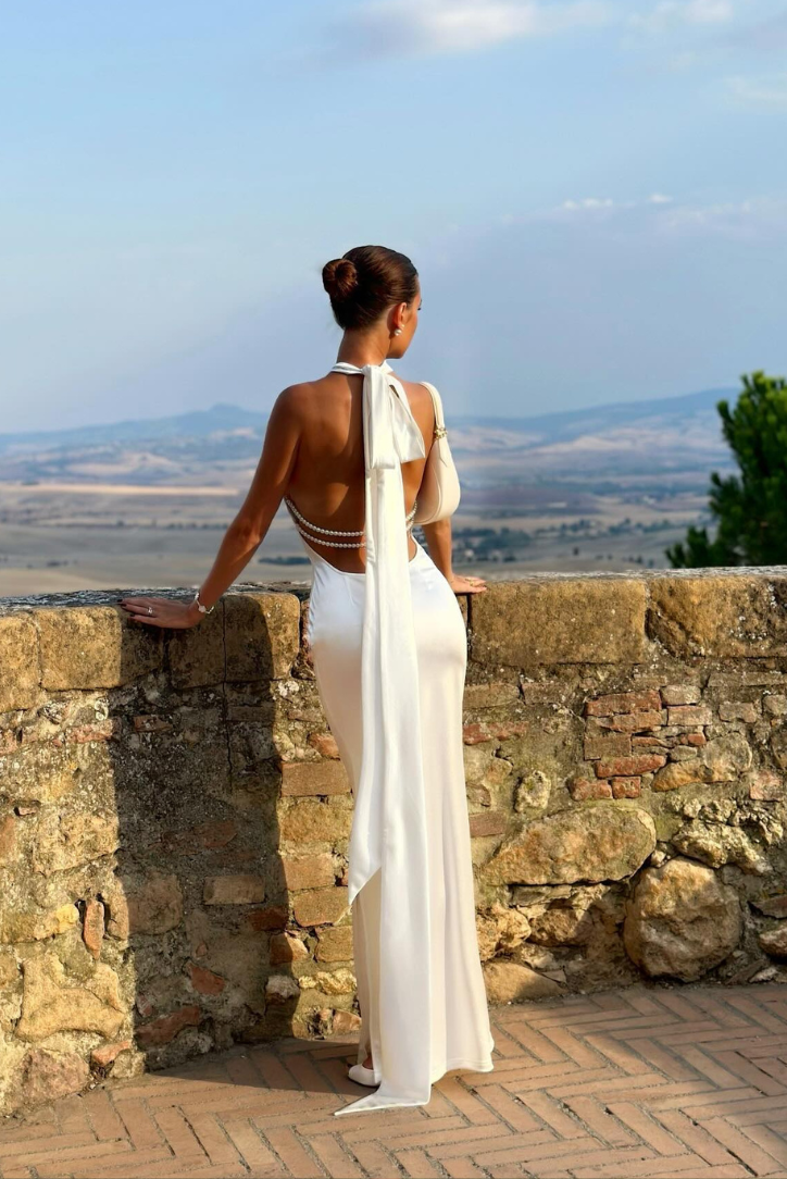 Aurelia | White Satin Halter Graduation & Wedding Guest Maxi Dress