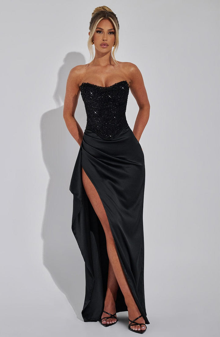 Women's Elegant Beaded Corset Evening Maxi Dress