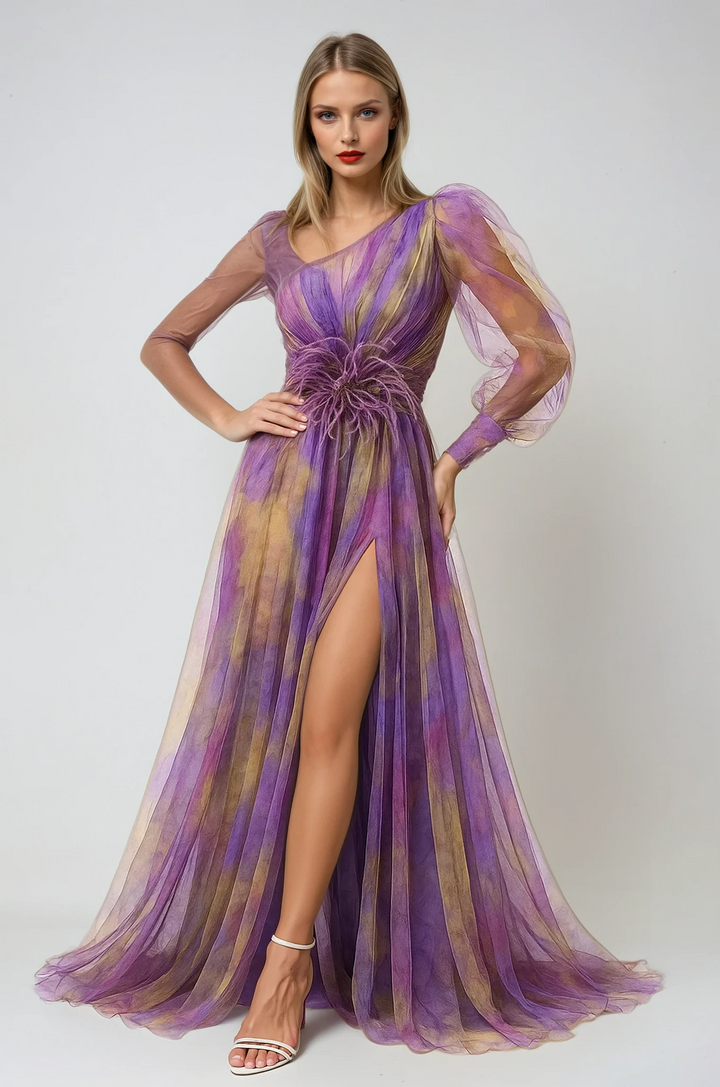 Women's Asymmetric Evening Sleeve Maxi Evening Gown