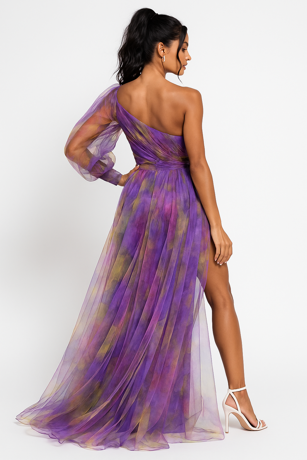 Women's Asymmetric Evening Sleeve Maxi Evening Gown
