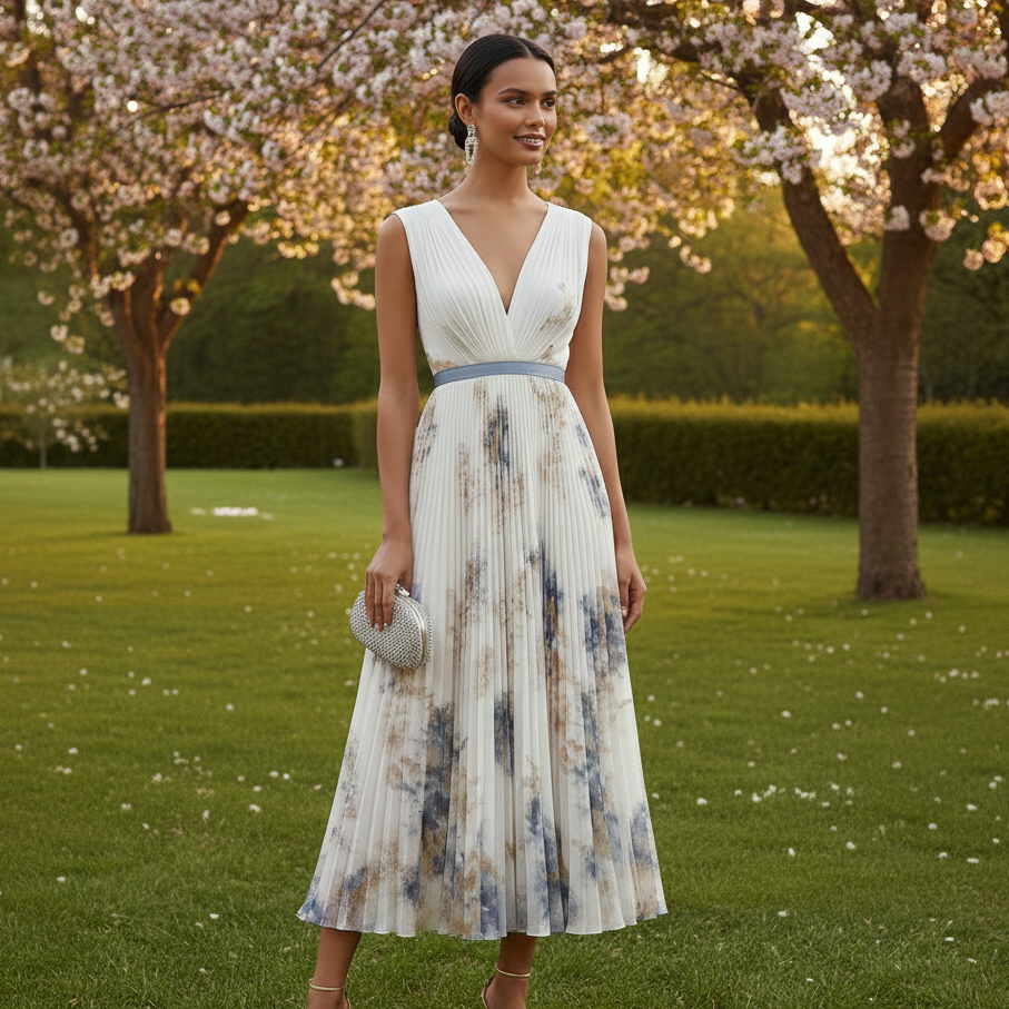 Women's Elegant Blue White Floral Ceremony Dress