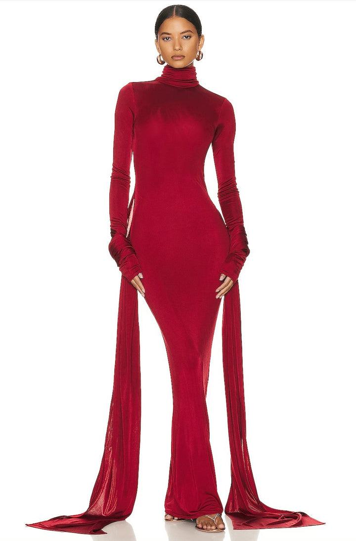 Women's Elegant Red Turtleneck Formal Dress