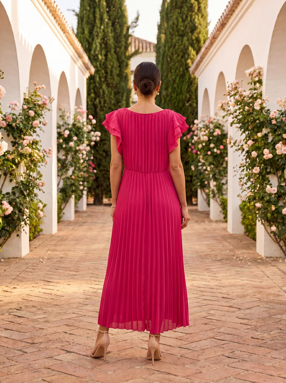 Women's Pleated Tied Waist Elegant Maxi Dress