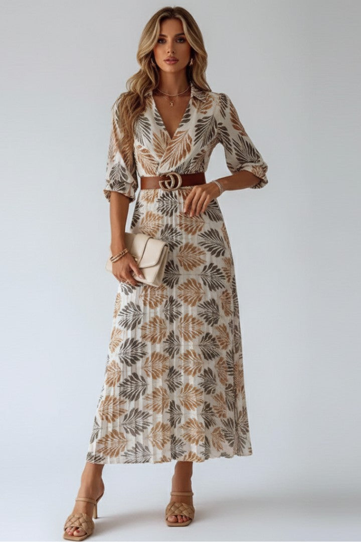 Women's Boho Brown Printed Wrap V-Neck 3/4 Sleeve Flowy Maxi Dress